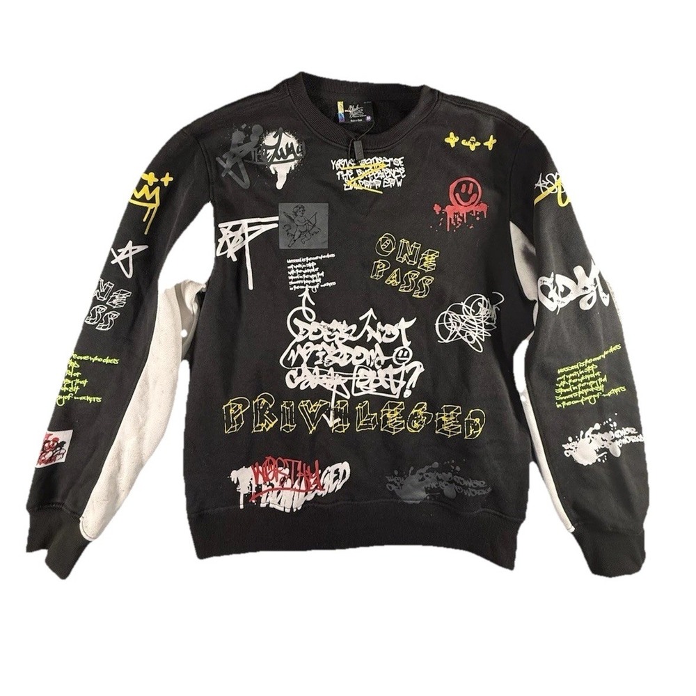 Bleecker &‎ Mercer Black Graphic Graffiti Streetwear  Sweatshirt Size Medium NEW